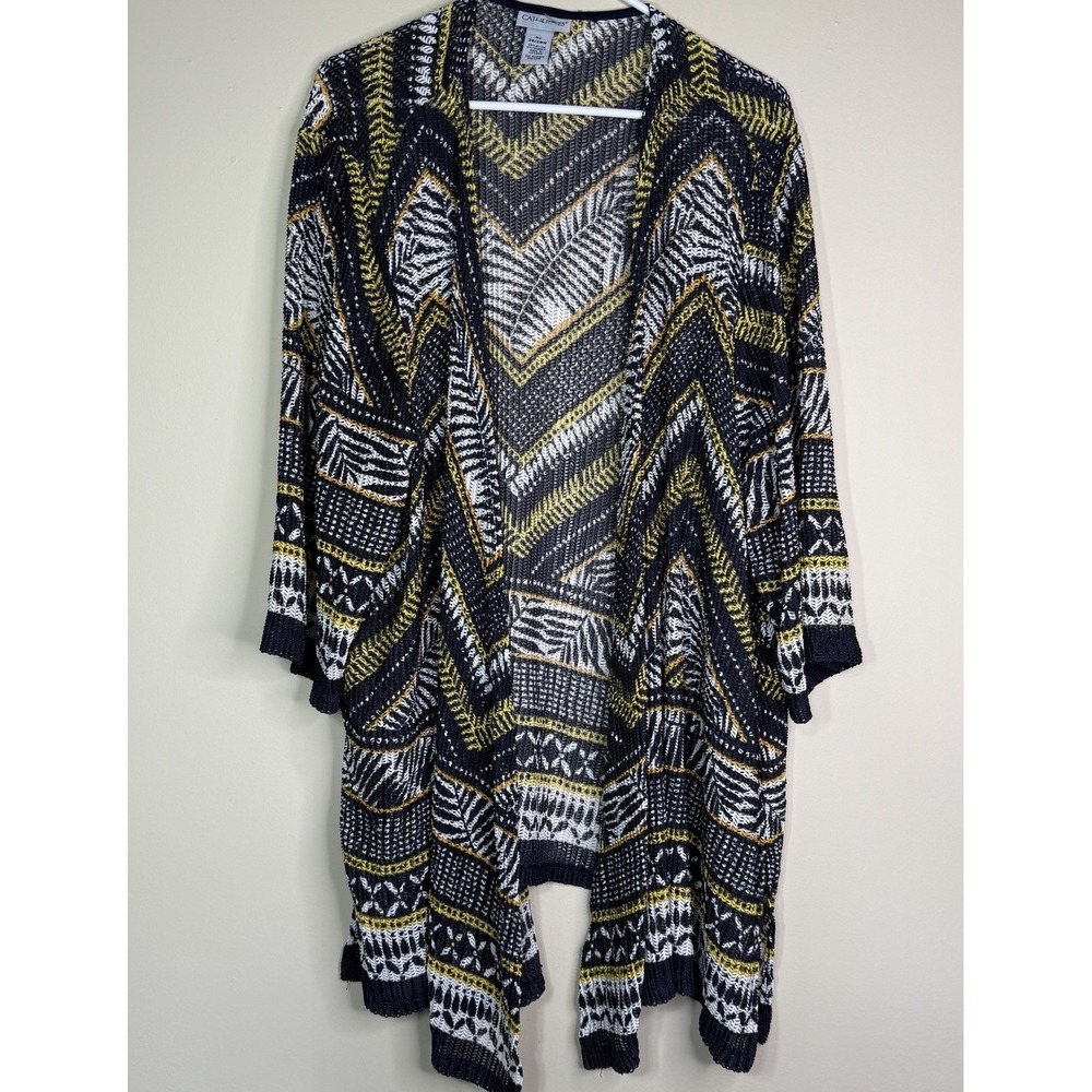 Catherines Kimono Cardigan Plus Size 3X Aztec Pattern Black/Yellow Open Weave